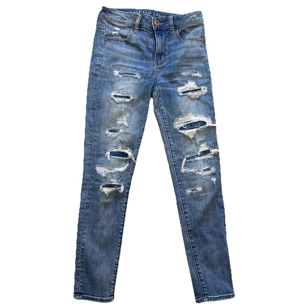 American Eagle Hi Rise Jegging Crop Size 4 Skinny Jeans Super Stretch Distresse
